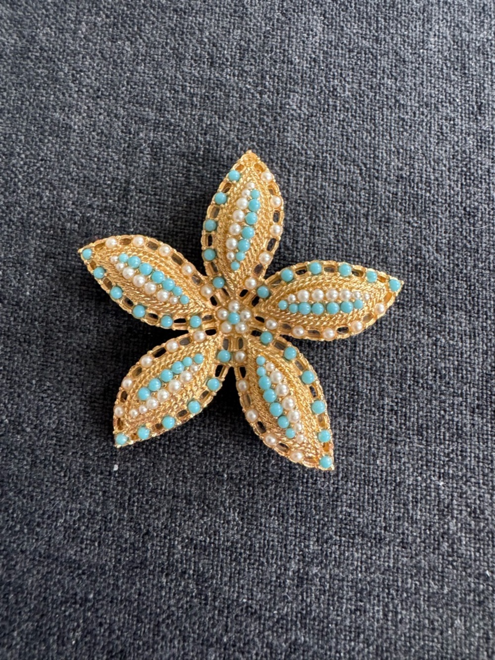 Vintage Gold Floral Brooch with Turquoise Beads - Women's Jewelry